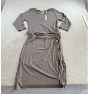 Nine1Eight Womens Medium Taupe Ruched Midi Dress Long Sleeve Bodycon Stretch NWT